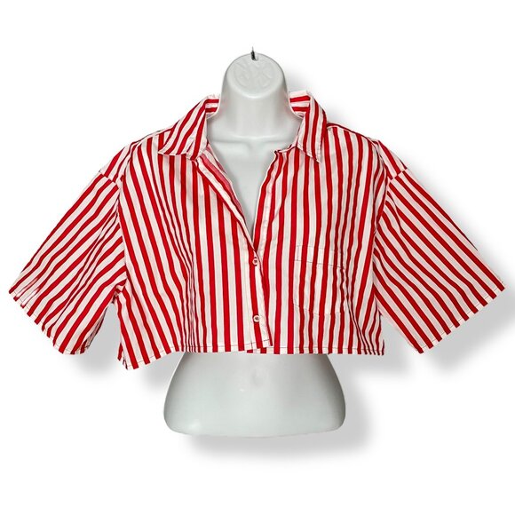 Zara Top Red White Stripes DIY Cropped Boxy Short Sleeves Button-Up Pocket - Picture 1 of 9